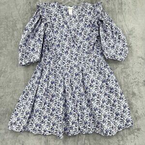 H&M Dress Womens Medium Ditsy Floral Cottage Ruffle V Neck Lined Button Mini Zip